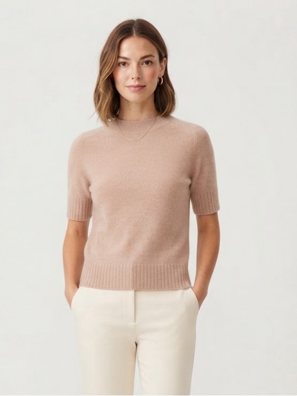 Judith & Charles Wool Cashmere Short Sleeve Mock Neck Sweater Neutral Pink Beige